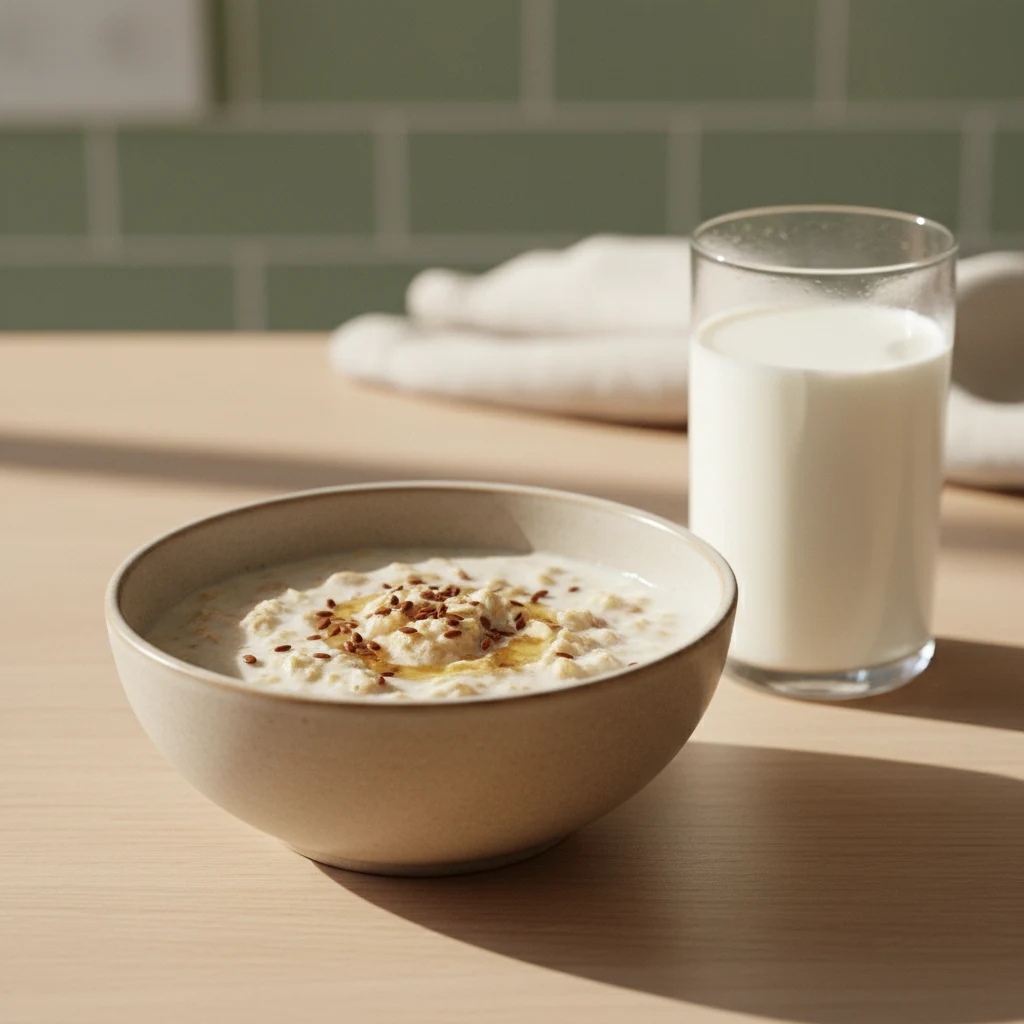 Kom haver, gezaaide lijnzaad en een glas melk op een lichte keukentafel in de ochtend