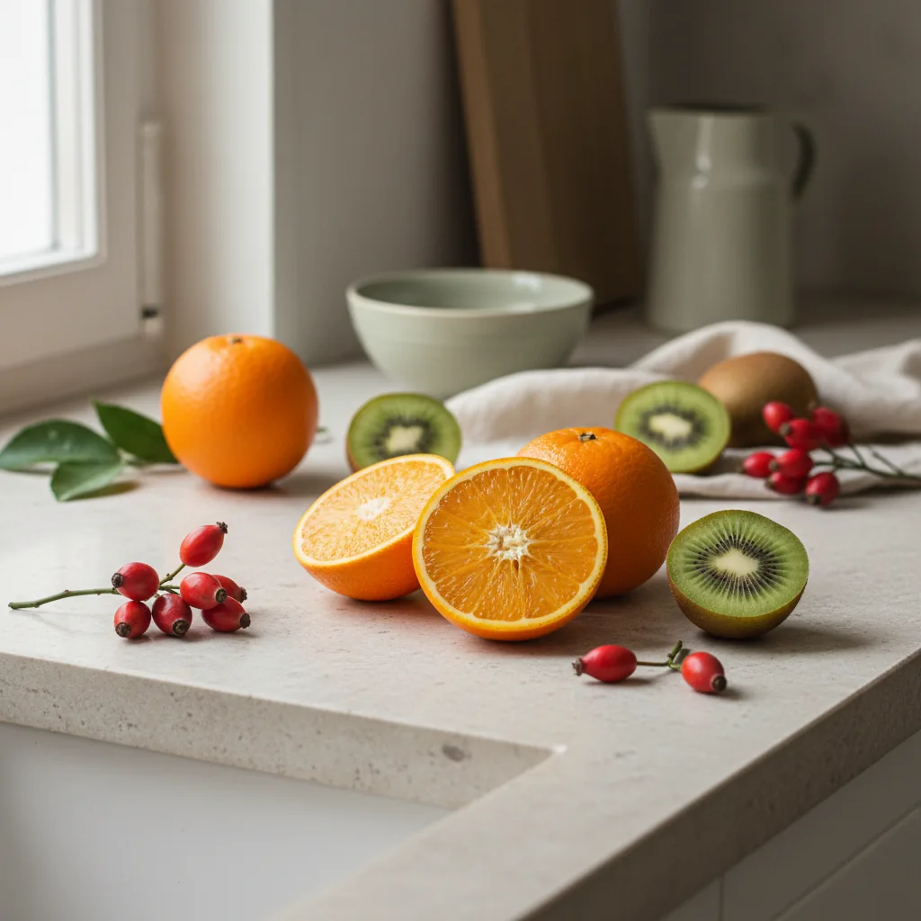 Verse sinaasappels, kiwi's en rode bessen op een lichte stenen ondergrond